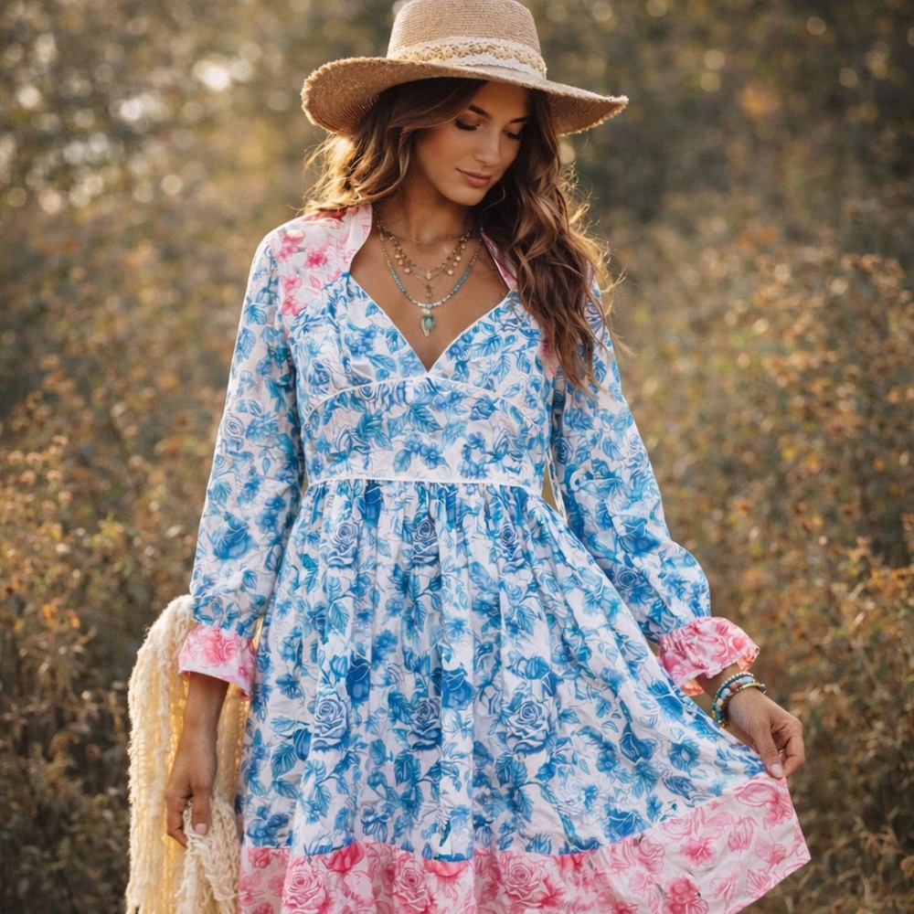 Simply Southern Floral Babydoll Dress Blue Pink Cotton Long Sleeve L NWT